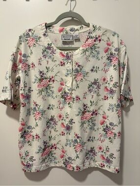 Bizzit Floral Henley Shirt - White with Pink & Purple Flowers